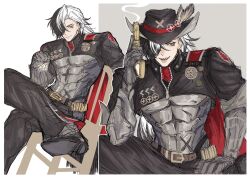 Rule 34 | 1boy, belt, black footwear, black hair, black hat, boothill (honkai: star rail), closed mouth, feathers, gun, hair over one eye, hat, hat feather, highres, holding, holding gun, holding weapon, homyaitaro, honkai: star rail, honkai (series), long hair, male focus, multicolored hair, open mouth, police badge, sharp teeth, sitting, sketch, solo, teeth, weapon, white hair