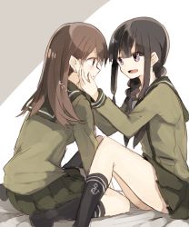 Rule 34 | 10s, 2girls, :d, black hair, braid, brown eyes, brown hair, chibirisu, from side, hand on another&#039;s cheek, hand on another&#039;s face, highres, kantai collection, kitakami (kancolle), long hair, multiple girls, no shoes, ooi (kancolle), open mouth, school uniform, serafuku, skirt, smile, socks, yuri
