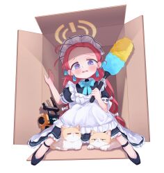 Rule 34 | 1girl, absurdres, animal, apron, black dress, black footwear, blue archive, blue bow, blue bowtie, blush, bow, bowtie, box, cardboard box, cat, collared dress, commentary request, dress, duster, forehead, frilled apron, frilled dress, frills, grenade launcher, hair bow, halo, highres, holding, holding duster, in box, in container, jokebag, knees together feet apart, knees up, korean commentary, long dress, long hair, looking at viewer, maid apron, maid headdress, multiple hair bows, official alternate costume, open mouth, puffy short sleeves, puffy sleeves, purple eyes, red hair, short sleeves, simple background, sitting, solo, tearing up, tears, very long hair, wavy mouth, weapon, white apron, white background, white bow, yellow halo, yuzu (blue archive), yuzu (maid) (blue archive)
