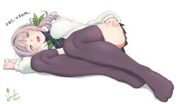 Rule 34 | 1girl, ass, blush, bow, bowtie, dated, eyelashes, full body, green bow, green bowtie, green eyes, grey hair, hair intakes, hinamizawa kurumi, hori shin, legs, long hair, long sleeves, lying, miniskirt, mole, mole under mouth, no shoes, on side, open mouth, pleated skirt, ponytail, purple thighhighs, pygmalion. (group), signature, simple background, skindentation, skirt, solo, teeth, thighhighs, thighs, toes, virtual youtuber, white background