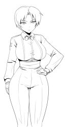 Rule 34 | 1girl, bad id, bad pixiv id, bow, bowtie, breasts, curvy, dress shirt, fatal fury, formal, gloves, greyscale, hand on own hip, high-waist pants, hip focus, king (snk), large breasts, lineart, monochrome, okyou, pant suit, pants, ryuuko no ken, sash, shirt, short hair, snk, solo, suit, the king of fighters, thigh gap, thighs, traditional bowtie, wide hips