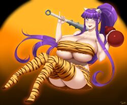 Rule 34 | 1girl, animal print, blunt bangs, blush, bottle, breasts, cleavage, club, club (weapon), commission, eiken, gigantic breasts, halloween, halloween costume, headband, highres, horns, kanabou, licking lips, long hair, miniskirt, misono kirika, no panties, oni costume, oni horns, open mouth, pinky out, ponytail, purple eyes, purple hair, rope belt, sake bottle, shiny skin, sidelocks, simple background, skindentation, skirt, strapless, thighhighs, tiger print, tongue, tongue out, tube top, twrlare, underboob, very long hair, weapon