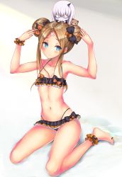 Rule 34 | abigail williams (fate), ankle garter, bags under eyes, bandaid, bandaid on face, bandaid on forehead, bare shoulders, bikini, black bikini, black bow, blonde hair, blue eyes, blush, bow, breasts, chibi, collarbone, crossed bandaids, double bun, emerald float, fate/grand order, fate (series), forehead, frilled bikini, frills, gradient background, hair bow, hair bun, hands up, highres, horns, kagutsuchi (l&#039;archange), lavinia whateley (emerald float) (fate), lavinia whateley (fate), legs, long hair, looking at viewer, navel, official alternate costume, orange bow, pale skin, parted bangs, polka dot, polka dot bow, scrunchie, single horn, sitting, small breasts, stuffed animal, stuffed toy, swimsuit, teddy bear, thighs, wariza, white hair, wide-eyed, wrist scrunchie