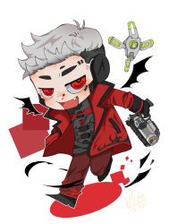 Rule 34 | 1boy, animification, apex legends, b3 wingman, chibi, crypto (apex legends), devil&#039;s advocate crypto, fang, flame print, grey hair, gun, hack (apex legends), handgun, highres, holding, holding gun, holding weapon, jacket, lavie (karvlife), male focus, official alternate costume, pants, red eyes, red jacket, red pants, revolver, smile, solo, undercut, weapon