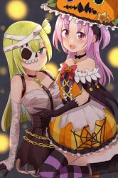 Rule 34 | 2girls, alina gray, alina gray (halloween ver.), aqua eyes, bandaged arm, bandages, bare shoulders, black choker, black gloves, blonde hair, blush, bow, bubble skirt, capelet, chain, choker, closed mouth, dress, gloves, green hair, halloween costume, highres, jack-o&#039;-lantern, long hair, looking at viewer, magia record: mahou shoujo madoka magica gaiden, magical girl, mahou shoujo madoka magica, mask over one eye, medium hair, misono karin, misono karin (halloween ver.), multicolored clothes, multiple girls, na bia, official alternate costume, open mouth, orange dress, parted bangs, pink bow, pumpkin, purple hair, purple thighhighs, sarashi, single hair ring, sitting, sitting on person, skirt, smile, star (symbol), striped clothes, striped thighhighs, thighhighs, two side up, v