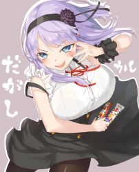 Rule 34 | 1girl, :d, black skirt, blue eyes, blush, breasts, brown pantyhose, buttons, candy, cowboy shot, dagashi kashi, double-breasted, floating hair, flower, food, hair flower, hair ornament, hairband, high-waist skirt, highres, holding, holding candy, holding food, jonsun, large breasts, long hair, looking at viewer, neck ribbon, open mouth, outline, pantyhose, purple hair, red ribbon, ribbon, round teeth, shidare hotaru, skirt, smile, solo, strap slip, suspender skirt, suspenders, teeth, white outline