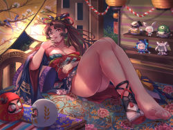 Rule 34 | 1girl, bare shoulders, barefoot, bed, bell, breasts, brown hair, cleavage, doll, facial mark, feet, finger to mouth, floral print, foreshortening, hair intakes, hair ribbon, highres, japanese clothes, kimono, knees up, lantern, large breasts, legs together, long hair, looking at viewer, lying, night, obi, off shoulder, on back, onmyoji, onmyouji, open mouth, paper lantern, pentagram, ponytail, red eyes, ribbon, sash, shoes, sidelocks, single shoe, single sock, socks, solo, tabi, toes, wide sleeves, yougenko, youtouhime
