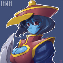 Rule 34 | 1girl, bad id, bad pixiv id, blue eyes, blue hair, breasts, capcom, character name, chinese clothes, claw (weapon), cleavage, cleavage cutout, clothing cutout, flipped hair, funaya sakichi, hat, jiangshi, large breasts, lei lei, matching hair/eyes, ofuda, qingdai guanmao, red eyes, short hair, solo, undead, vampire (game), weapon