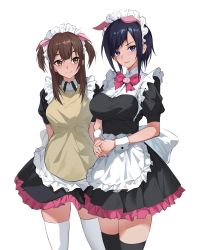 Rule 34 | 2girls, absurdres, akiba maid sensou, animal ears, apron, arms behind back, black dress, black hair, black thighhighs, blue eyes, bow, bowtie, breasts, brown eyes, brown hair, commentary request, cowboy shot, dress, fake animal ears, frilled apron, frills, highres, large breasts, long hair, looking at viewer, maid, maid headdress, mannen ranko, multiple girls, own hands together, paradox (parapa), pig ears, pink bow, pink bowtie, puffy short sleeves, puffy sleeves, short dress, short hair, short sleeves, simple background, smile, standing, thighhighs, thighs, two side up, wahira nagomi, waist apron, white apron, white background, white thighhighs, wrist cuffs, zettai ryouiki