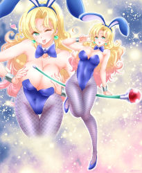 Rule 34 | 1girl, animal ears, ayumu (ayumumkrg), bishie sparkle, blonde hair, blue bow, blue bowtie, blue footwear, blue leotard, bow, bowtie, breasts, cleavage, cowboy shot, detached collar, dragon quest, dragon quest iii, earrings, fake animal ears, fishnet pantyhose, fishnets, full body, green eyes, high heels, highleg, highleg leotard, highres, jester (dq3), jewelry, large breasts, leaning forward, leotard, long hair, looking at viewer, pantyhose, playboy bunny, purple pantyhose, rabbit ears, rabbit tail, solo, sparkle background, staff, strapless, strapless leotard, tail, tongue, tongue out, wrist cuffs