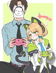 Rule 34 | 1boy, 1girl, animal ear headphones, animal ears, doodle sensei (blue archive), arrow (symbol), belt, black necktie, black pants, blonde hair, blue archive, blue necktie, brown hair, cat ear headphones, cat tail, collared shirt, commentary request, controller, fake animal ears, fake tail, game controller, green eyes, halo, headphones, heart, highres, holding, holding controller, holding game controller, jacket, long sleeves, midori (blue archive), necktie, off shoulder, open clothes, open jacket, pants, playing games, ririfu, sensei (blue archive), shirt, short hair, simple background, sitting, tail, white shirt