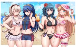 Rule 34 | 4girls, absurdres, artist name, beach, bikini, black bikini, black hairband, blonde hair, blue eyes, blue hair, blue sky, blush, breasts, byleth (female) (fire emblem), byleth (female) (summer) (fire emblem), byleth (fire emblem), cleavage, closed mouth, cloud, commission, corrin (female) (fire emblem), corrin (female) (summer) (fire emblem), corrin (fire emblem), cup, day, drinking glass, drinking straw, female focus, fire emblem, fire emblem: three houses, fire emblem awakening, fire emblem cipher, fire emblem fates, fire emblem heroes, flower, glass, hair flower, hair ornament, hairband, hat, hat flower, highres, holding, holding cup, large breasts, long hair, looking at viewer, lucina (fire emblem), medium breasts, multiple girls, navel, nintendo, official alternate costume, one eye closed, outdoors, parted lips, patdarux, pointy ears, princess zelda, red eyes, sky, smile, standing, super smash bros., swimsuit, the legend of zelda, the legend of zelda: a link between worlds, underboob, water, white hair, wink, wreath