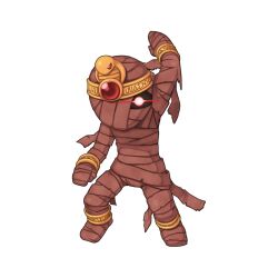 1boy ancient_mummy anklet arm_up bandages bracelet chibi chibi_only crown full_body glowing glowing_eye gold jewelry male_focus mummy official_art ragnarok_online red_eyes simple_background solo standing transparent_background yuichirou