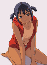 Rule 34 | 1girl, barefoot, bikini tan, black hair, bottomless, breasts, chyko7080, dark-skinned female, dark skin, grey eyes, head tilt, highres, kneeling, leaning forward, looking at viewer, navel, no bra, open clothes, open shirt, original, seiza, shirt, short hair, short twintails, simple background, sitting, small breasts, smile, solo, tan, tanline, twintails, unzipped, white background