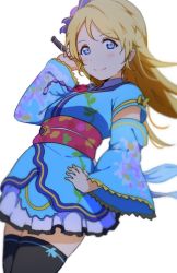Rule 34 | 10s, 1girl, angelic angel, ayase eli, bad id, bad pixiv id, blonde hair, blue eyes, cowboy shot, highres, icehotmilktea, japanese clothes, kimono, love live!, love live! school idol project, ponytail, scrunchie, smile, solo