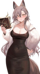 Rule 34 | 1girl, animal ears, arknights, black dress, blush, book, braid, breasts, cleavage, collarbone, commentary, covered navel, crossed bangs, dress, earrings, english commentary, grey hair, hair between eyes, hair ornament, hand up, highres, holding, jewelry, large breasts, long hair, long sleeves, looking at viewer, nail polish, official alternate costume, parted lips, penance (arknights), penance (occasionally flushed) (arknights), ru zhai, simple background, solo, white background, yellow eyes