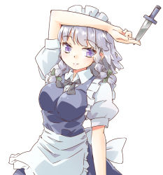Rule 34 | 1girl, apron, arm up, arnest, black ribbon, blue dress, blush, bow, braid, breasts, commentary request, cowboy shot, dress, frilled apron, frills, green bow, hair bow, holding, holding knife, holding weapon, izayoi sakuya, knife, large breasts, looking at viewer, maid, maid apron, maid headdress, neck ribbon, puffy short sleeves, puffy sleeves, purple eyes, ribbon, shirt, short hair, short sleeves, silver hair, simple background, smile, solo, touhou, twin braids, waist apron, weapon, white apron, white background, white shirt