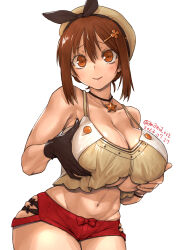 Rule 34 | 1girl, alternate breast size, amania orz, atelier (series), atelier ryza, breasts, brown eyes, brown hair, hat, large breasts, reisalin stout, simple background, solo, underboob, white background, white hat