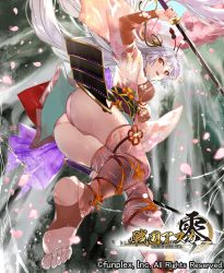 Rule 34 | 1girl, armor, ass, breasts, cameltoe, copyright name, dual wielding, from below, grimgrim, hair ornament, holding, japanese clothes, katana, kimono, large breasts, long hair, looking back, panties, red eyes, sengoku asuka zero, shiny skin, silver hair, smile, solo, sweat, sword, thighhighs, underwear, very long hair, weapon