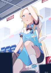 Rule 34 | 1girl, absurdres, apron, bike shorts, black bow, black shorts, blonde hair, blue apron, blue archive, blue eyes, blurry, blurry foreground, bow, box, cardboard box, collared shirt, commentary, depth of field, diagonal-striped bow, forehead, gar32, highres, long hair, milk carton, on one knee, outstretched arm, shirt, shoes, short shorts, short sleeves, shorts, signature, socks, solo, sora (blue archive), two side up, very long hair, white footwear, white shirt, white socks