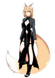 Rule 34 | 1girl, animal ears, black dress, black legwear, blonde hair, boots, breasts, cleavage, commentary request, covered navel, dress, facial mark, fox ears, fox tail, full body, grey jacket, high heel boots, high heels, jacket, konshin, legband, long sleeves, looking at viewer, medium breasts, navel, original, pelvic curtain, platform footwear, platform heels, short hair, simple background, solo, standing, tail, thigh strap, white background, yellow eyes