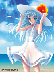 Rule 34 | 1girl, arms up, bare arms, bare shoulders, bird, blue eyes, breasts, cloud, cloudy sky, copyright notice, day, dress, flower, hands on headwear, hat, hat flower, horizon, light particles, light rays, long hair, looking at viewer, nishiwaki yuuri, no panties, ocean, original, outdoors, parted lips, see-through, silver hair, sky, sleeveless, sleeveless dress, small breasts, solo, spaghetti strap, standing, sun hat, sunbeam, sunlight, water, watermark, white dress, white hat