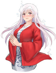Rule 34 | 10s, 1girl, bad id, bad pixiv id, blush, breasts, cropped legs, embarrassed, flying sweatdrops, ghost, hanten (clothes), japanese clothes, kimono, large breasts, long hair, looking at viewer, nose blush, open mouth, own hands together, red eyes, simple background, solo, triangular headpiece, ucukrtz, upper body, wavy mouth, white background, white hair, white kimono, yunohana yuuna, yuragisou no yuuna-san
