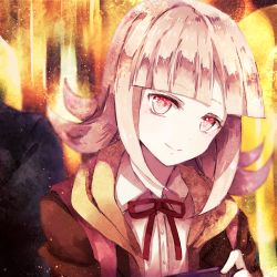 Rule 34 | 1girl, backpack, bag, black jacket, blurry, blurry background, brown jacket, closed mouth, commentary request, danganronpa (series), danganronpa 3 (anime), flipped hair, game console, highres, holding, jacket, looking at viewer, multicolored background, nanami chiaki, out of frame, pink bag, pink eyes, pink hair, red ribbon, ribbon, school uniform, shirt, short hair, simple background, smile, solo focus, white shirt, yuizayomiya