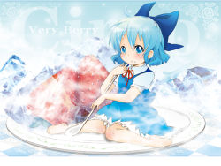 Rule 34 | 1girl, bad id, bad pixiv id, bare shoulders, barefoot, berry jou, blue eyes, blue hair, blush, bow, cirno, food, frozen, fruit, hair bow, ice, in food, matching hair/eyes, mini person, minigirl, plate, ribbon, short hair, sitting, solo, spoon, strawberry, touhou, wariza