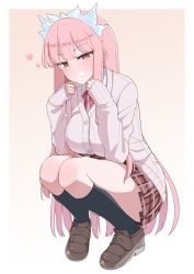 Rule 34 | 1girl, akitokage, alternate costume, beige background, black socks, blunt bangs, blush, border, breasts, brown footwear, cardigan, collared shirt, commentary request, fate/grand order, fate (series), gradient background, grin, hands up, heart, highres, kneehighs, large breasts, loafers, long hair, long sleeves, looking at viewer, medb (fate), miniskirt, neck ribbon, outside border, pink hair, plaid, plaid skirt, pleated skirt, red ribbon, ribbon, school uniform, shirt, shoes, skirt, sleeves past wrists, smile, socks, solo, squatting, tiara, white border, white shirt, yellow eyes
