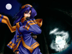 Rule 34 | 1girl, blue hair, female focus, hat, moon, night, outdoors, red eyes, rera, samurai spirits, sky, snk, solo, standing