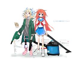 Rule 34 | 2girls, anklet, antenna hair, arms at sides, black pantyhose, blonde hair, blue hair, blue sailor collar, blue skirt, boots, braid, brown eyes, coat, collared shirt, commentary request, crossover, fang, flip flappers, flower, fur-trimmed hood, fur trim, green coat, grey jacket, hair flower, hair ornament, highres, holding, holding vacuum cleaner, hood, hood down, hooded coat, inset, jacket, jewelry, kokaki mumose, long hair, long sleeves, looking at viewer, low twin braids, machete, misono chiaya, multiple girls, neckerchief, orange hair, pantyhose, papika (flip flappers), parted lips, pink footwear, pleated skirt, red neckerchief, sailor collar, school uniform, serafuku, shirt, shoes, short sleeves, side-by-side, skirt, smile, sneakers, standing, the rolling girls, translation request, twin braids, white background, white footwear, white shirt