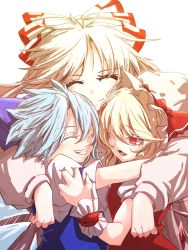 Rule 34 | 3girls, ascot, blonde hair, blue hair, blue shirt, cirno, colored eyelashes, darjeeling (reley), closed eyes, fairy, fang, flandre scarlet, fujiwara no mokou, hair ribbon, height difference, highres, hug, ice, ice wings, light smile, long hair, looking at another, multiple girls, one eye closed, open mouth, parted lips, puffy short sleeves, puffy sleeves, red eyes, red vest, ribbon, shirt, short hair, short ponytail, short sleeves, touhou, upper body, vampire, white hair, white shirt, wings