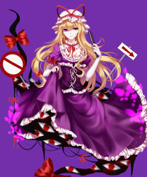 Rule 34 | 1girl, absurdres, bad id, bad pixiv id, blonde hair, bow, bowtie, choker, clothes lift, corset, dress, dress lift, elbow gloves, folding fan, gap (touhou), gloves, hair between eyes, hair bow, hair ribbon, hand fan, hat, highres, holding, holding fan, lifting own clothes, long hair, looking at viewer, mob cap, neck ruff, parted lips, petticoat, purple background, purple dress, purple eyes, red bow, red bowtie, red ribbon, ribbon, ribbon choker, road sign, sheya, sign, smile, solo, touhou, white gloves, yakumo yukari
