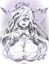 Rule 34 | 1girl, antenna hair, bandages, breasts, capelet, cleavage, danua, draph, fingerless gloves, gloves, granblue fantasy, hair between eyes, horns, large breasts, long hair, monochrome, naked bandage, pointy ears, sketch, upper body, zunta