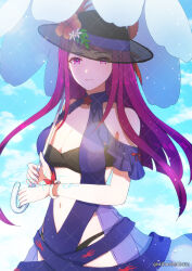 Rule 34 | 1girl, black hat, blue sky, breasts, cleavage, cloud, commentary, day, dfhnokenbutu, fire emblem, fire emblem engage, fire emblem heroes, hat, highres, holding, holding umbrella, ivy (fire emblem), ivy (summer) (fire emblem), long hair, looking at viewer, medium breasts, mole, mole under mouth, navel, nintendo, official alternate costume, outdoors, parasol, purple eyes, purple hair, signature, sky, solo, stomach, sun hat, swimsuit, twitter username, umbrella