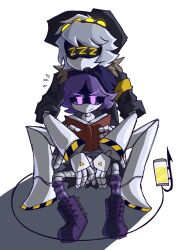 Rule 34 | 1boy, 1girl, absurdres, beanie hat, book, boots, choker, coat, glitch productions, hair over one eye, hat, highres, murder drones, n (murder drones), purple eyes, purple hair, robot, sitting, size difference, sleeping, tail, uzi (murder drones)