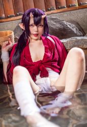 Rule 34 | 1girl, bandages, barefoot, blurry, blurry foreground, breasts, bucket, cleavage, cosplay, feet, female focus, fundoshi, hachi (cosplayer), highres, horns, japanese clothes, looking at viewer, medium hair, momiji (shindou), oni, oni horns, onsen, open mouth, photo (medium), pointy ears, purple eyes, purple hair, small breasts, solo, tagme, tongue, tongue out, twintails, water, wooden bucket