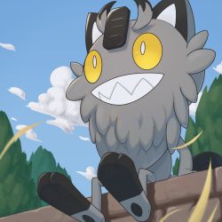 Rule 34 | blurry, cloud, commentary request, creatures (company), day, from below, galarian form, galarian meowth, game freak, gen 8 pokemon, highres, falling leaves, nintendo, no humans, outdoors, pokemon, pokemon (creature), ruinai, sharp teeth, sitting, sky, solo, teeth, toes, tree