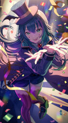 1girl :d absurdres bat_wings blue_coat blue_footwear blue_hair blue_shorts brooch coat commentary confetti diamond_(shape) diamond_facial_mark fake_wings fangs floating_hair foot_out_of_frame gakuen_idolmaster game_cg gem green_eyes hat highres idolmaster jewelry light_rays long_hair looking_at_viewer masquerade_rhapsody_(idolmaster) official_art open_mouth red_gemstone shorts smile solo thighhighs third-party_source top_hat tsukimura_temari vampire_costume whip wings