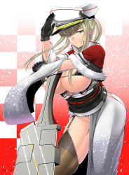 Rule 34 | anchor, bikini, black gloves, black pantyhose, black thighhighs, blonde hair, blue eyes, breasts, cannon, capelet, celtic knot, cross, gloves, graf zeppelin (kancolle), grey eyes, hair between eyes, hat, highres, huge breasts, impossible clothes, iron cross, jacket, japanese clothes, kantai collection, long hair, machinery, military, military hat, military uniform, miniskirt, necktie, pantyhose, peaked cap, saizu nitou gunsou, sidelocks, skirt, solo, swimsuit, thighhighs, tsurime, turret, twintails, uniform