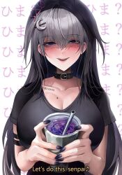 Rule 34 | 1girl, ?, artist name, black choker, black nails, black shirt, blue eyes, breast tattoo, breasts, choker, cleavage, commentary, corruption, cup, drinking straw, english commentary, english text, hair ornament, havoc-chan, highres, huge breasts, large breasts, lean (drink), long hair, moon hair ornament, original, shirt, star tattoo, subtitled, suou-sensei, tattoo, translation request, upper body, white background