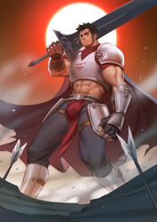 Rule 34 | 1boy, abs, armor, arrow, bara, beard, black pants, breastplate, bulge, check copyright, chrisanother, copyright request, facial hair, feet out of frame, holding, holding sword, holding weapon, large pectorals, leggings, looking at viewer, male focus, mature male, midriff, moon, muscular, muscular male, navel, navel hair, original, over shoulder, pants, pectorals, pelvic curtain, red moon, short hair, sideburns, solo, stomach, stubble, sword, sword over shoulder, thick thighs, thighs, weapon, weapon over shoulder, wind