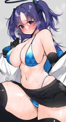Rule 34 | 1girl, absurdres, bikini, black skirt, black thighhighs, blue archive, blue bikini, blush, breasts, closed mouth, elbow gloves, gloves, halo, highres, jacket, kshimu, large breasts, looking at viewer, miniskirt, navel, off shoulder, open clothes, open jacket, purple eyes, purple hair, skindentation, skirt, solo, stomach, sweat, swimsuit, thighhighs, thighs, yuuka (blue archive)