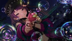 Rule 34 | 1girl, aiming, aiming at viewer, black camisole, black hat, black mask, black nails, blunt bangs, blunt ends, blush, bubble, bubble gun, cabbie hat, camisole, chain, chain-link fence, checkered clothes, commentary, crop top, diagonal bangs, dutch angle, ear piercing, eyelashes, fence, foreshortening, game cg, grin, hat, house, idolmaster, idolmaster shiny colors, jacket, jewelry, long hair, looking at viewer, mask, mask pull, midriff, mouth mask, navel, night, off shoulder, official art, outdoors, piercing, purple eyes, purple hair, purple jacket, purple lips, ring, smile, solo, star (sky), studded bracelet, studded choker, tanaka mamimi, upper body