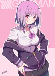 Rule 34 | 1girl, :p, absurdres, artist name, black pantyhose, blush, breasts, copyright name, gar32, gridman universe, hands on own hips, highres, hood, hoodie, medium breasts, outline, pantyhose, pink background, purple eyes, purple hair, purple hoodie, shinjou akane, short hair, smile, solo, ssss.gridman, tongue, tongue out, white outline