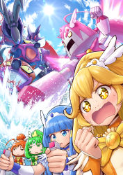 Rule 34 | + +, 4girls, akanbe (smile precure!), angel wings, aoki reika, blank stare, blonde hair, blue eyes, blue hair, blush, building, clenched hands, cloud, cloudy sky, cockpit, cure beauty, cure happy, cure march, cure peace, cure sunny, day, electricity, excited, fighting stance, from below, green eyes, green hair, happy robo, head wings, highres, hino akane (smile precure!), hoshizora miyuki, itou shin&#039;ichi, kise yayoi, magical girl, mecha, mechanization, midorikawa nao, multiple girls, open mouth, orange eyes, orange hair, piloting, precure, robot, sky, smile precure!, sparkling eyes, splashing, sun, sweat, unamused, water, wavy mouth, wings, yellow eyes