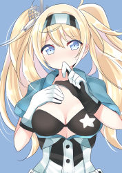 Rule 34 | 1girl, belt, blonde hair, blue background, blue eyes, blue shirt, bra, breast pocket, breasts, buttons, cleavage, collared shirt, commentary, commentary request, gambier bay (kancolle), gloves, hair between eyes, hairband, highres, kantai collection, large breasts, long hair, looking at viewer, multicolored clothes, multicolored gloves, ougi hina, pocket, shirt, short sleeves, shorts, twintails, underwear