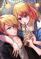 Rule 34 | 1boy, 1girl, :3, absurdres, black jacket, blonde hair, blue eyes, blue shirt, blush, bracelet, brick wall, brother and sister, collarbone, commentary request, cup, drinking, drinking straw, drinking straw in mouth, dutch angle, earrings, esora-arts, grey shirt, hair between eyes, heart, highres, holding, holding cup, hoshino aquamarine, hoshino ruby, indoors, jacket, jewelry, light particles, long hair, looking at another, mismatched pupils, multiple rings, necklace, off-shoulder shirt, off shoulder, one side up, open clothes, open jacket, open mouth, oshi no ko, partial commentary, pink eyes, ring, shirt, short hair, siblings, sidelocks, spoken heart, star-shaped pupils, star (symbol), striped clothes, striped shirt, symbol-shaped pupils, twins, upper body, vertical-striped clothes, vertical-striped shirt