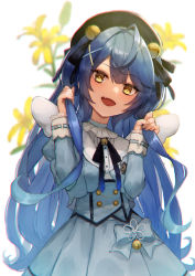 Rule 34 | 1girl, absurdres, amamiya kokoro, amamiya kokoro (1st costume), angel wings, antenna hair, bell, beret, black hat, black neckwear, blue bow, blue dress, blue hair, blurry, blurry background, bow, buttons, chromatic aberration, commentary, dress, fang, flower, frilled shirt collar, frilled sleeves, frills, hair bell, hair ornament, hat, head tilt, highres, holding, holding hair, long hair, long sleeves, mini wings, nijisanji, open mouth, sidelocks, simple background, skin fang, smile, solo, toima (beat0829), upper body, very long hair, virtual youtuber, white background, wings, x hair ornament, yellow eyes, yellow flower